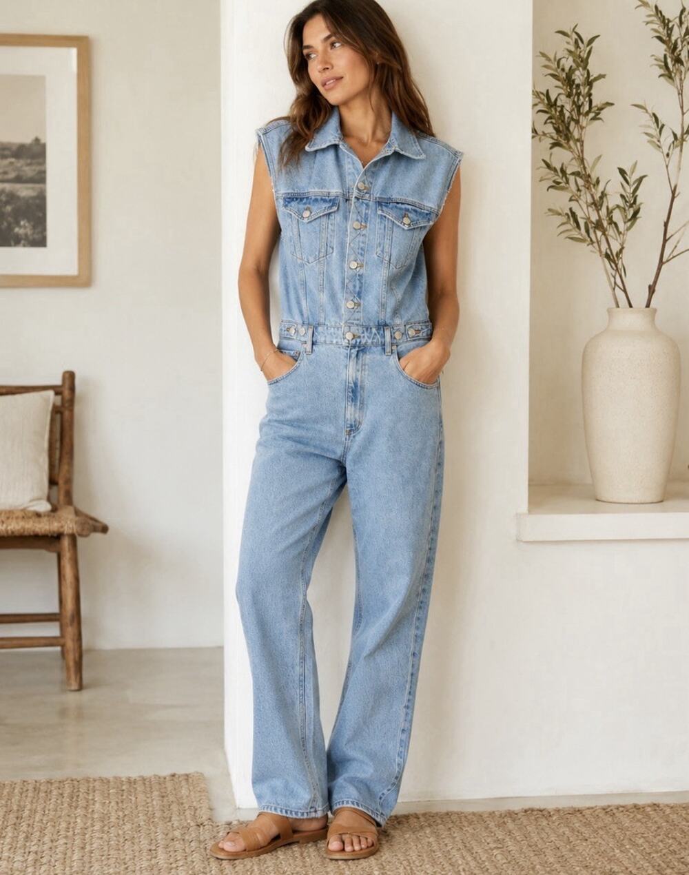 Agolde Blue Dnm Blanca Slvls Lite Wash Btn Tab Waist Pockets Gather Jumpsuit 10